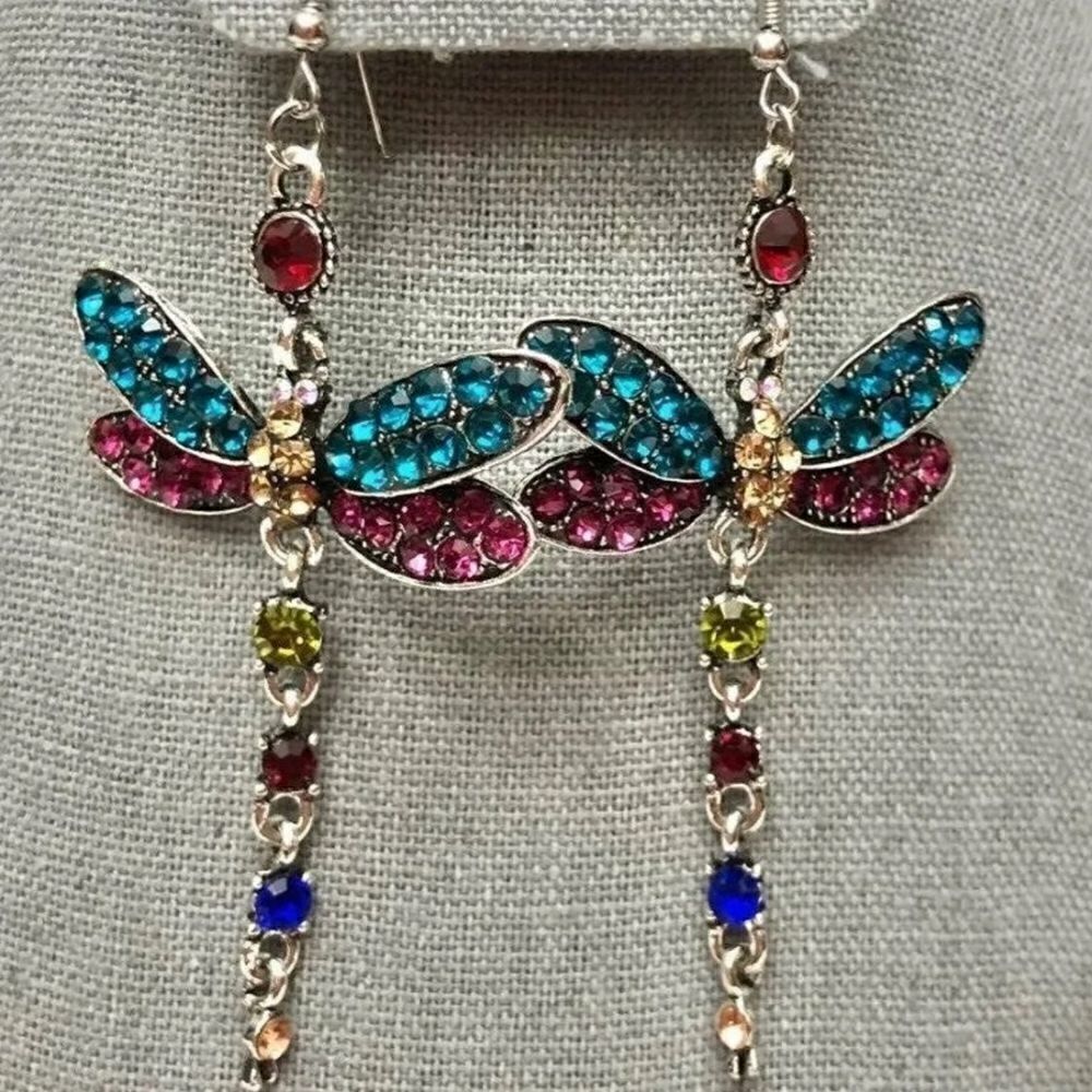 Multi Color Gem Dragonfly Earrings